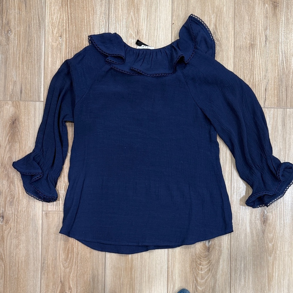 E&M Ruffle Collared Navy Blouse - Picture 7 of 7